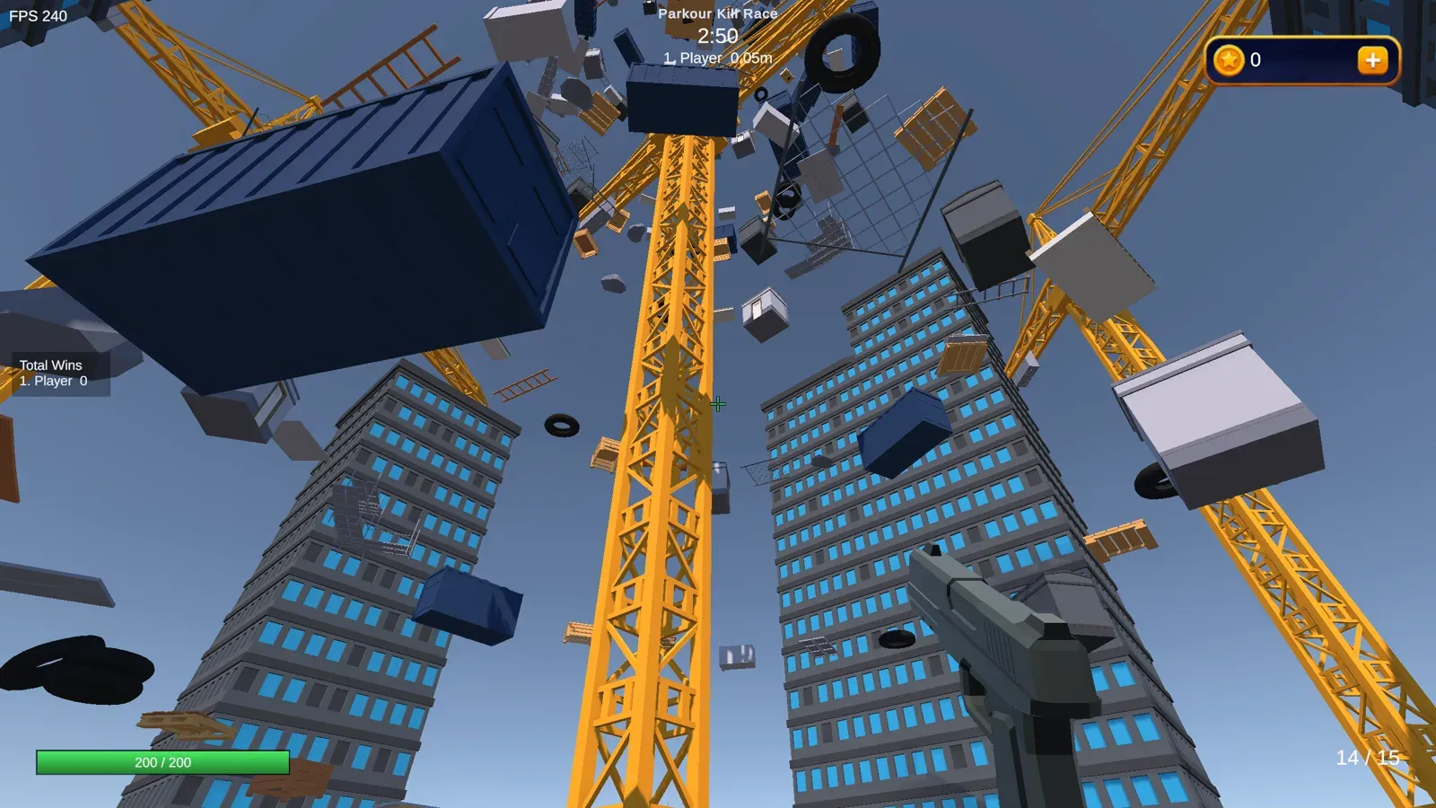 Parkour Kill Race: looking up a crane between two towers with floating crates and a pistol. The HUD reads Parkour Kill Race.