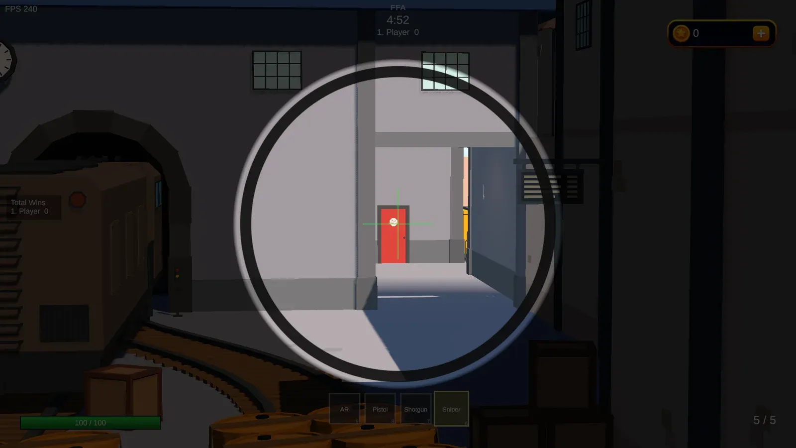 Sniper scope view in FFA, aimed down a hallway at a red door next to a train car