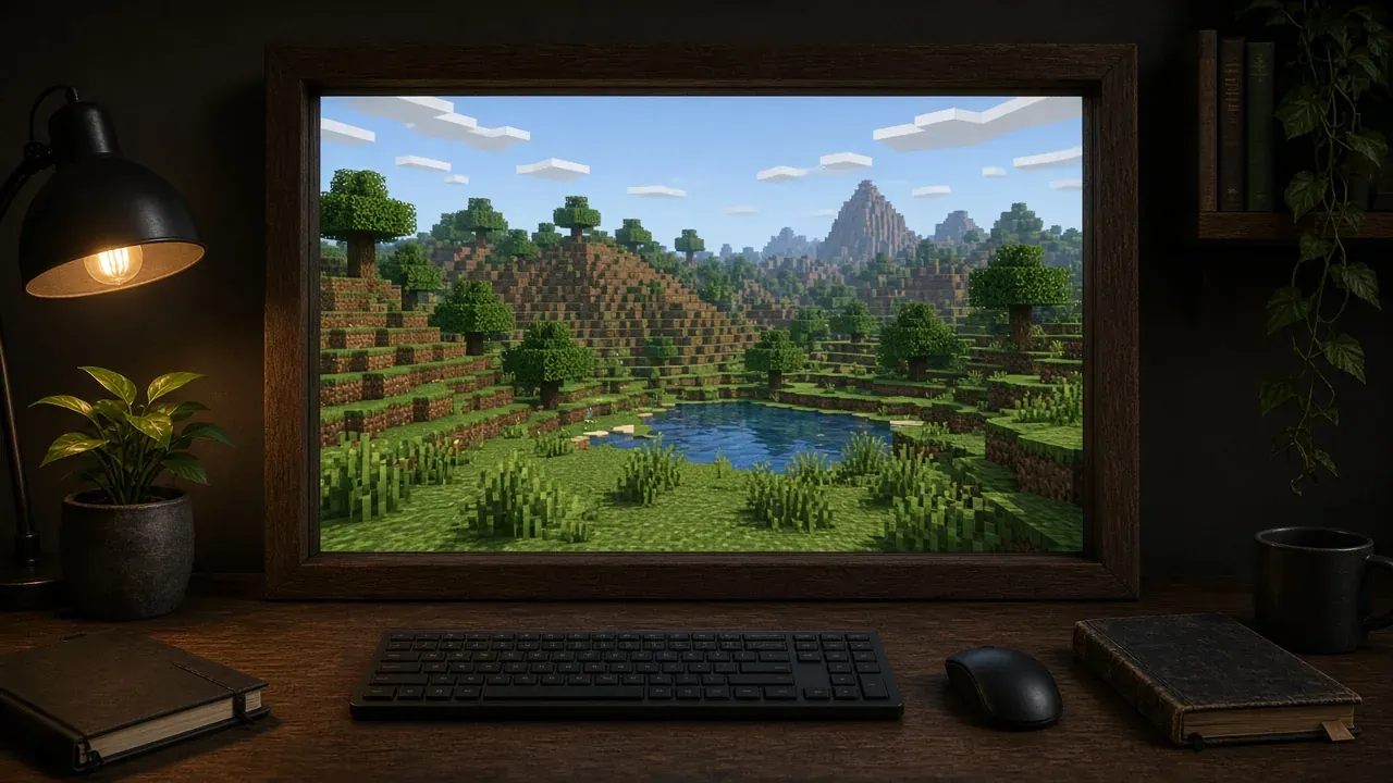 A framed voxel landscape on a dark desk above a keyboard