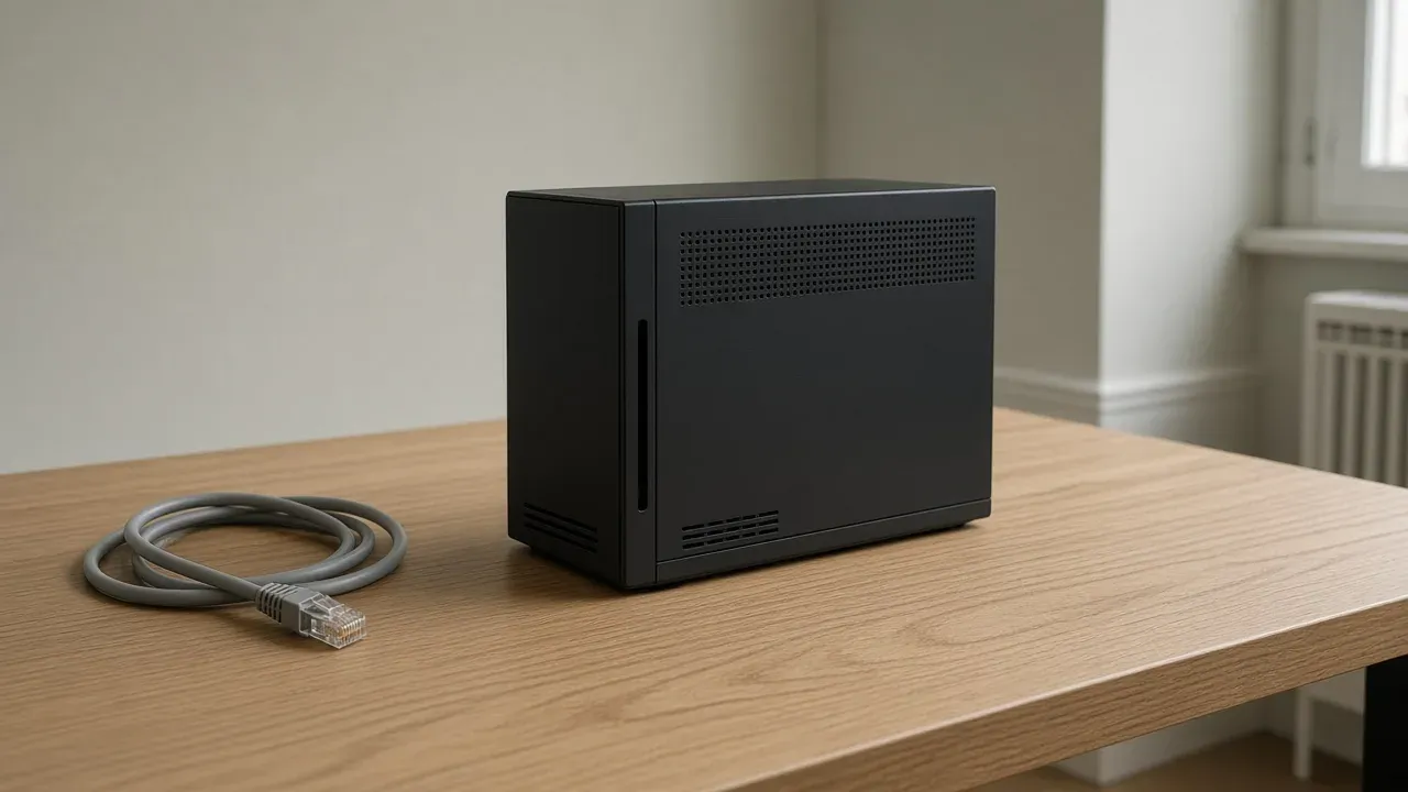 A small black computer tower on a pale wood desk, with a coiled gray ethernet cable beside it and a window behind.