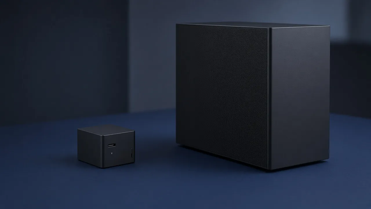 A tiny black computer beside a much larger dark case on a navy desk