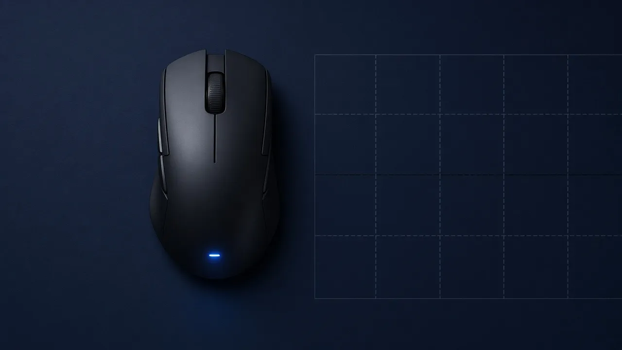Top view of a mouse on a dark desk, with a measured grid beside it