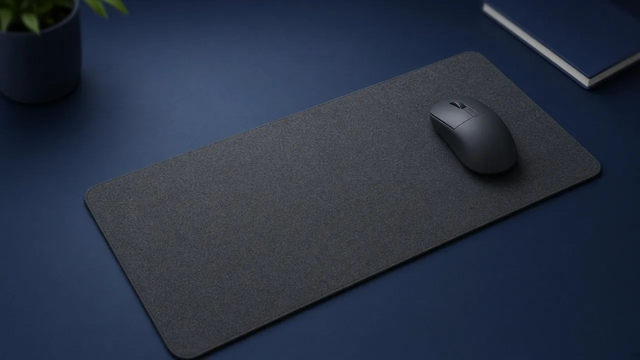 A wide dark cloth mouse pad with a mouse at the right and empty space to the left