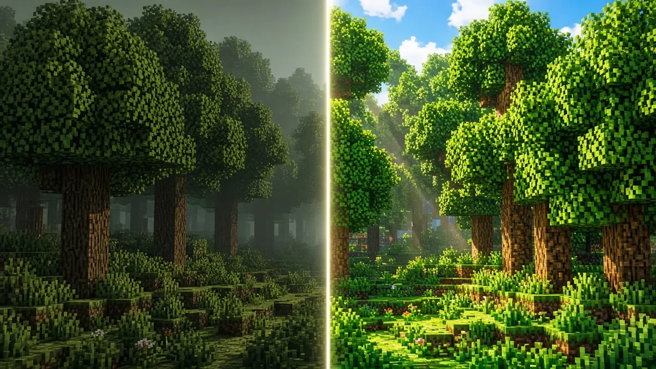 The same blocky forest split — dim on the left, bright and crisp on the right