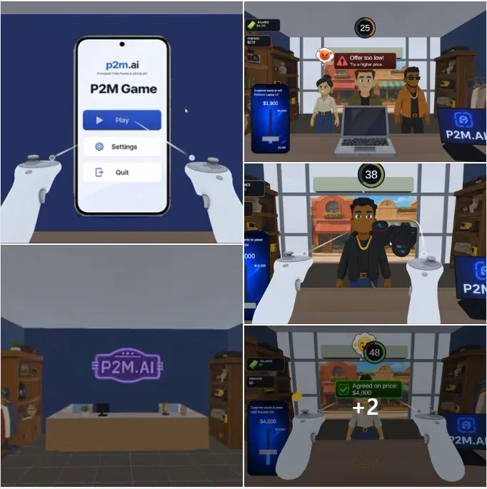 P2M VR simulation showing mobile menu screen, customer interactions at pawn shop counter, negotiation UI with price slider and timer, and transaction feedback