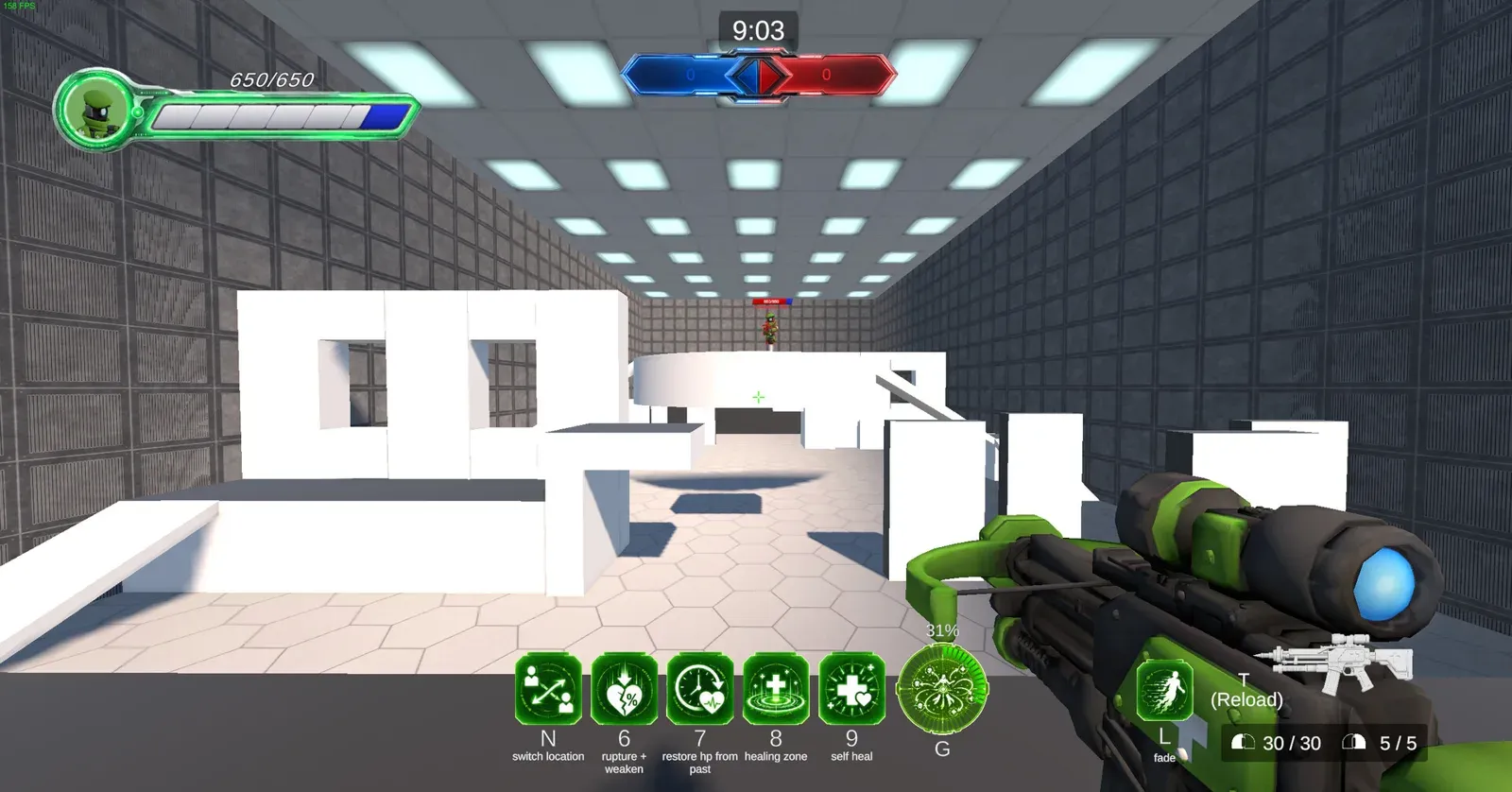 Tingbase Healer gameplay from a development build: 650 HP, sniper-style rifle, and abilities Switch location, Rupture + weaken, Restore HP from past, Healing zone, Self heal, Fade, plus an ultimate on G