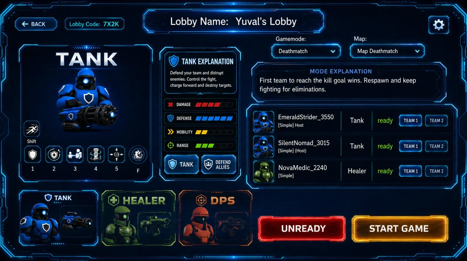 Tingbase lobby from a development build showing Tank, Healer, and DPS with damage, defense, mobility, and range bars, a lobby code, and Deathmatch mode