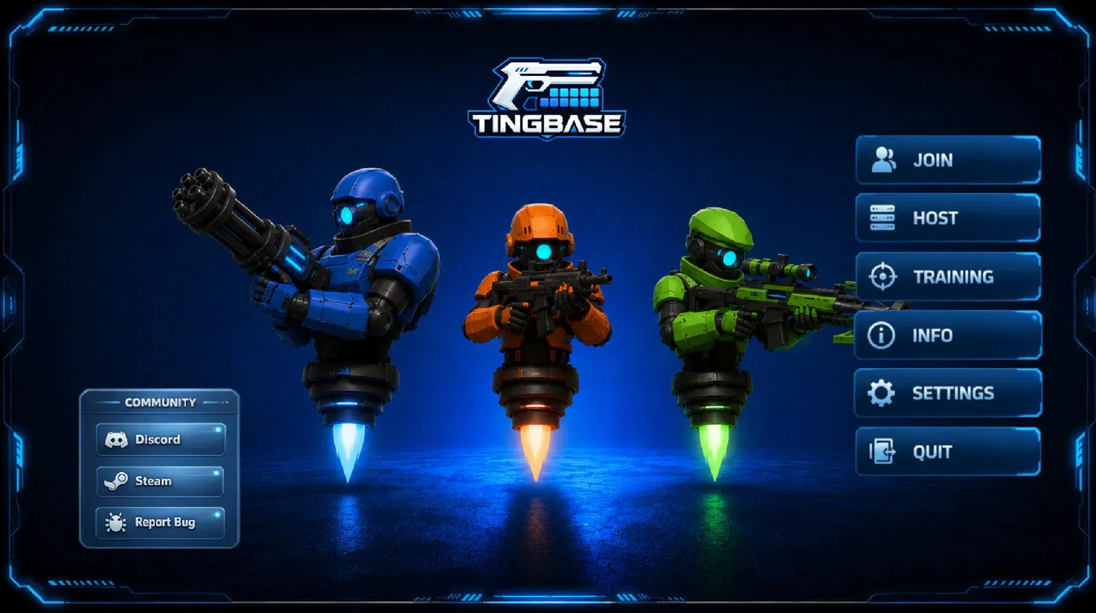 Tingbase main menu from a development build: three role robots — Tank with a minigun, DPS with a rifle, Healer with a sniper — plus Join, Host, Training, Info, Settings, and Quit