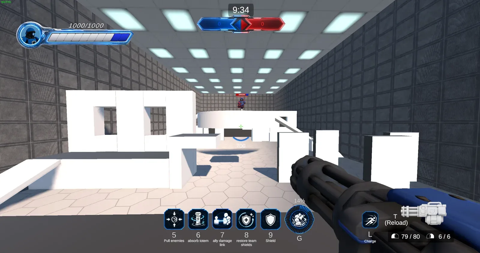 Tingbase Tank gameplay from a development build: 1000 HP, minigun, and abilities Pull enemies, Absorb totem, Ally damage link, Restore team shields, Shield, Charge, plus an ultimate on G