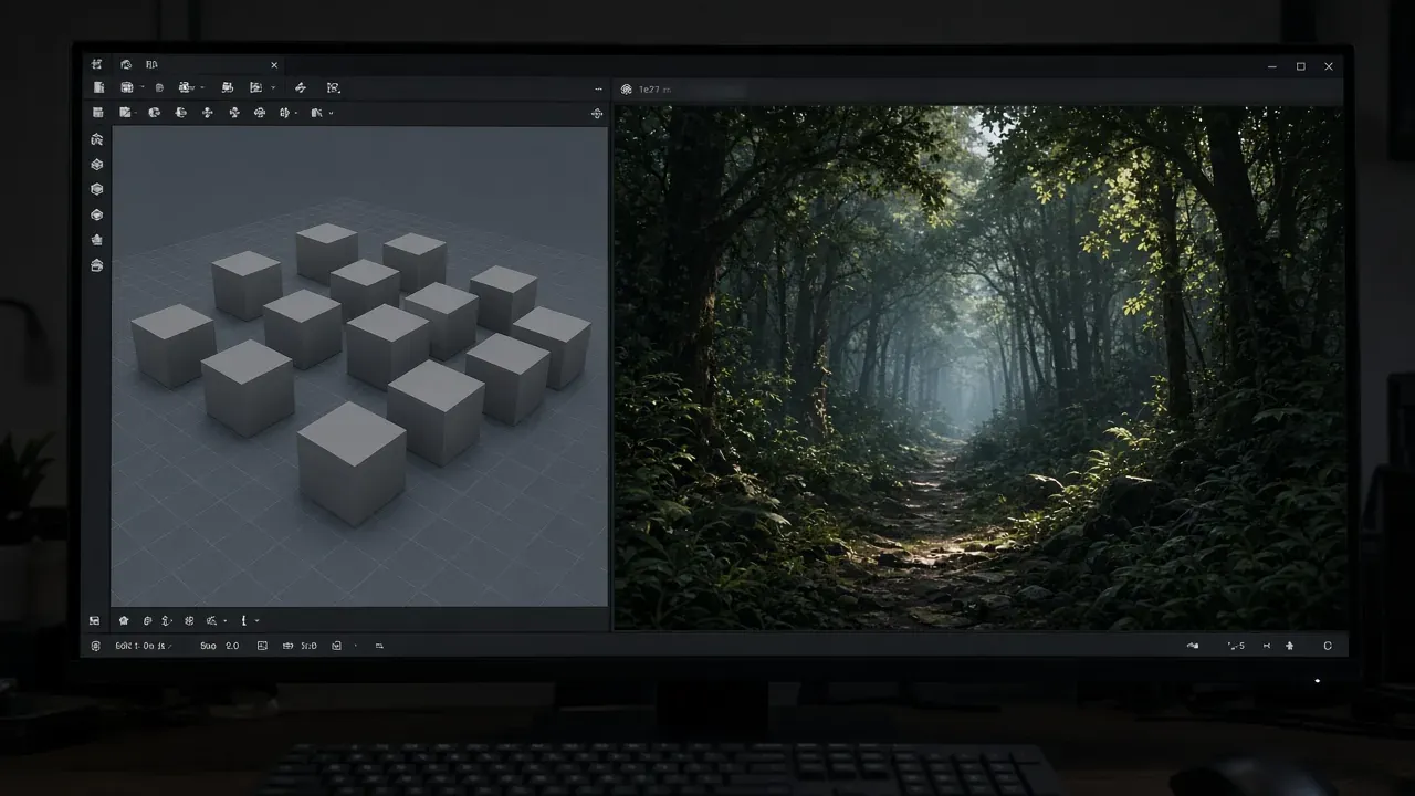 A monitor split between a simple gray-cube viewport and a cinematic forest path, no logos