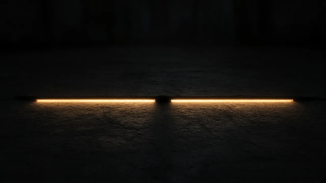 A thin amber line on a dark stone floor, broken by a small dark gap in the middle