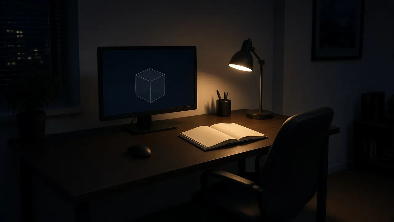 A night desk with a cube on a monitor, an open notebook, and an empty chair