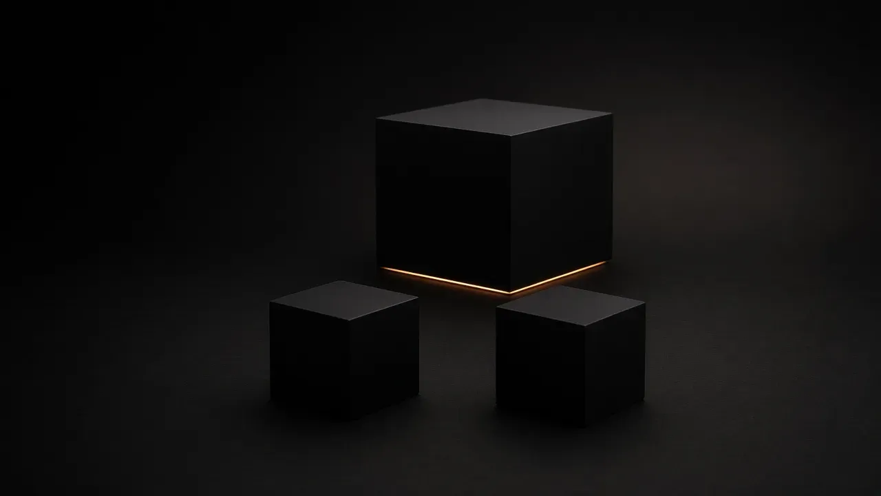 A large matte black cube with a warm line along its base, and two smaller matching cubes in front of it on a dark surface
