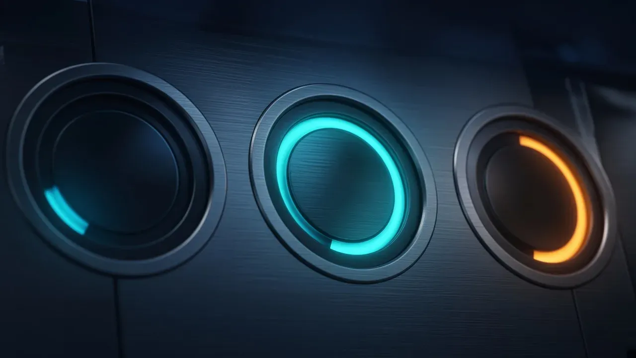 Three round glowing dials set in a dark brushed metal panel, one ring almost empty, one teal ring nearly full, one orange ring half lit, no people, no text
