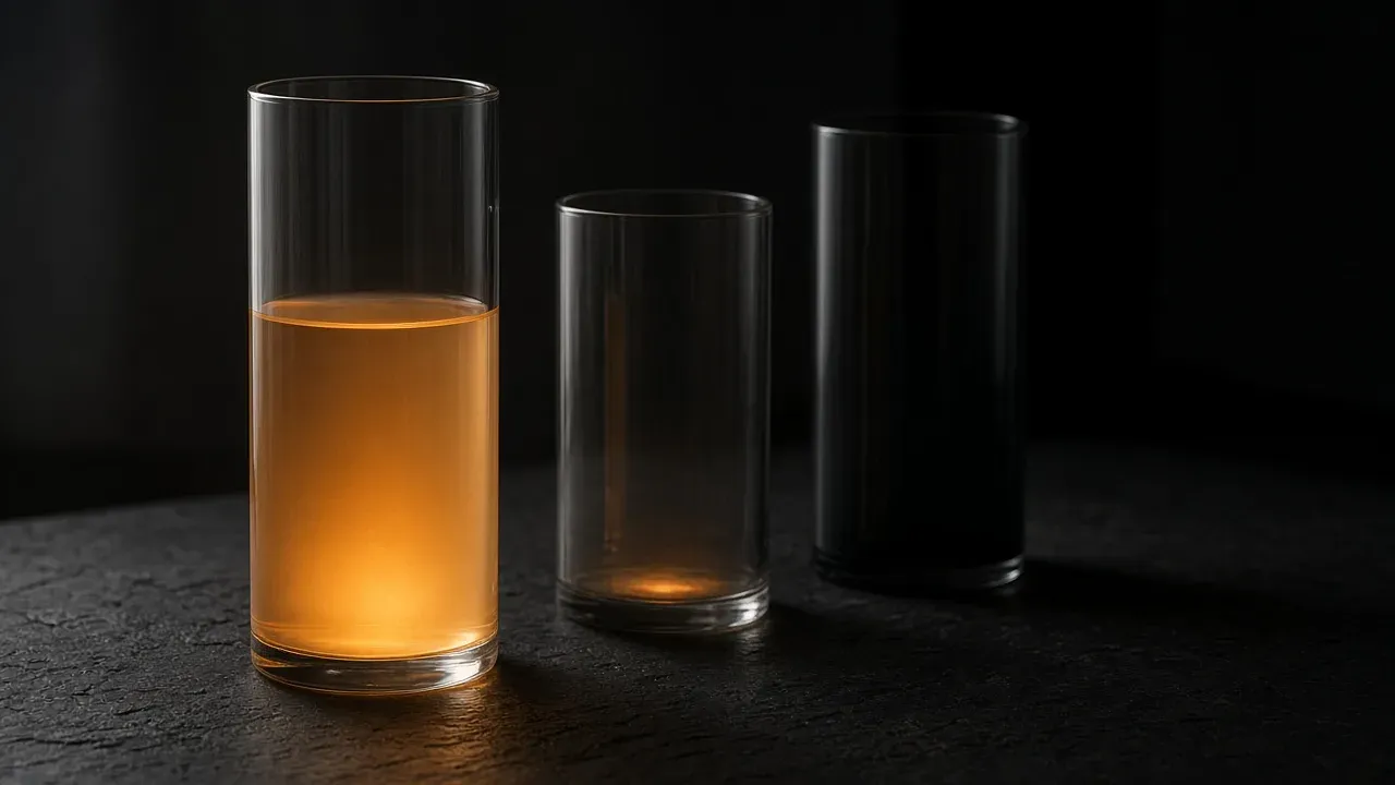 Three glasses on a dark stone surface, the nearest tall and half full of glowing amber liquid, a shorter empty glass beside it, and a dark empty glass behind