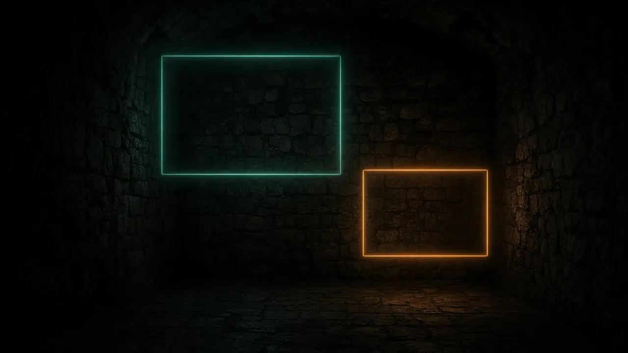 Two empty glowing rectangles on a dark stone wall, a larger dim teal frame and a smaller brighter amber frame