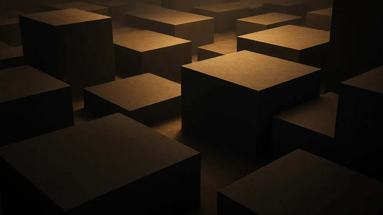 Plain dark blocks in rows, warm light on the top faces and the sides in shadow