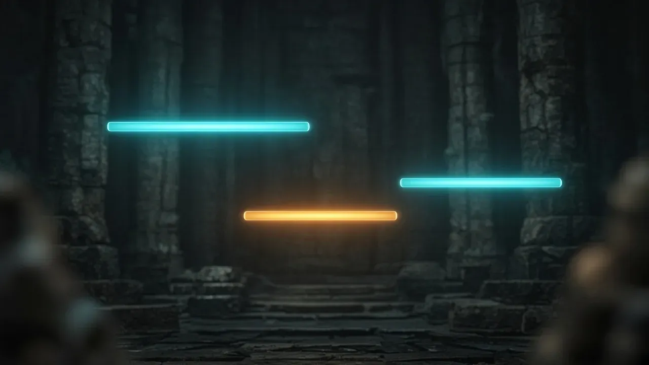 Three slim glowing bars, two teal and one amber, floating in a dark stone hall