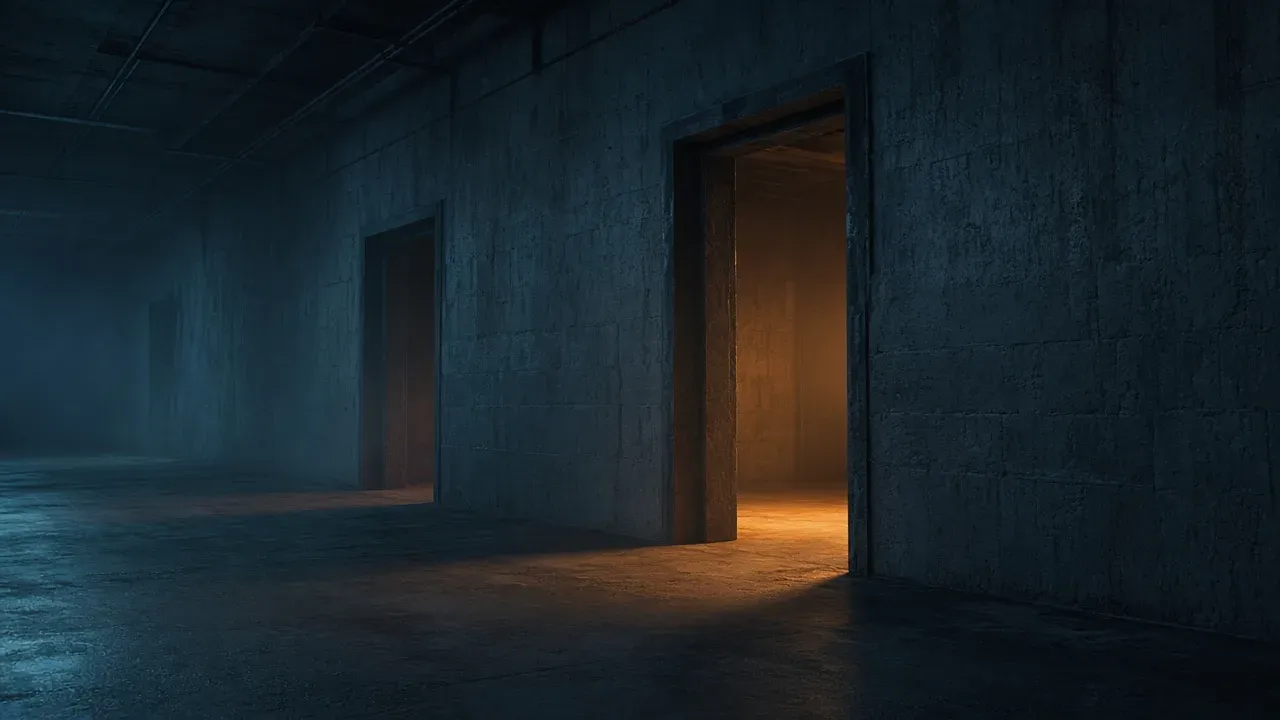 An empty concrete corridor in dim blue light with two open doorways along one wall, warm orange light spilling from the nearer one onto the floor, no people, no text