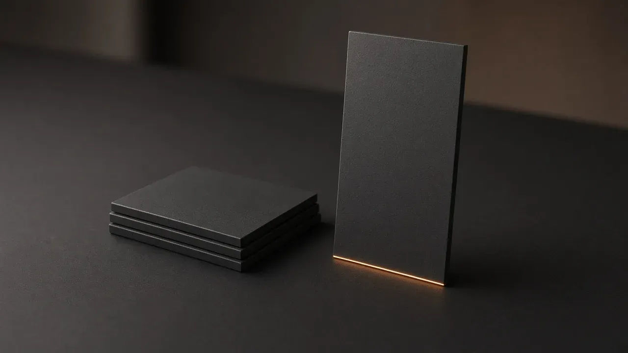 A thin dark slab standing on a dark desk beside a low stack of three matching slabs, a warm line along the standing slab's bottom edge