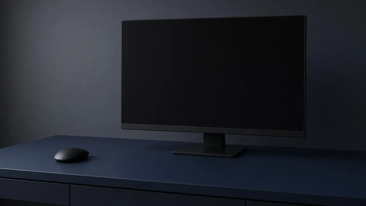 A flat dark monitor on a navy desk, blank screen, with a dark mouse at the front left and the monitor toward the right, no logos