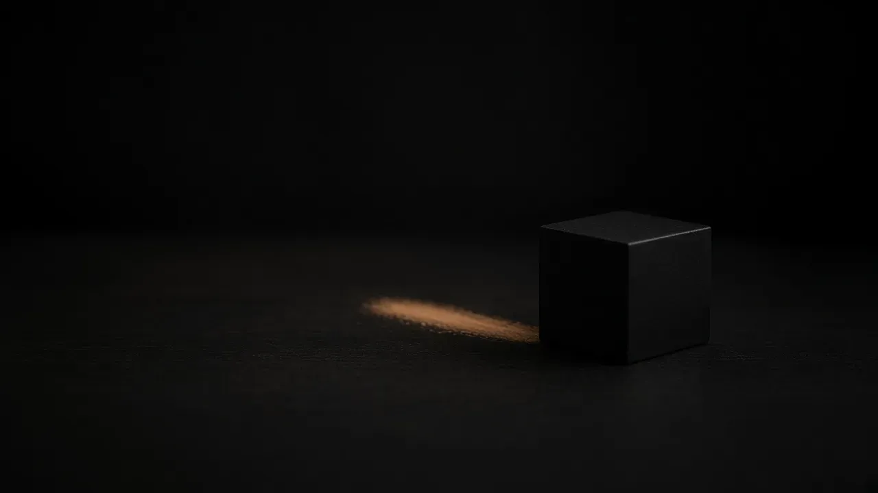 A small matte black cube on a dark desk, with a short warm streak on the surface leading up to its left face