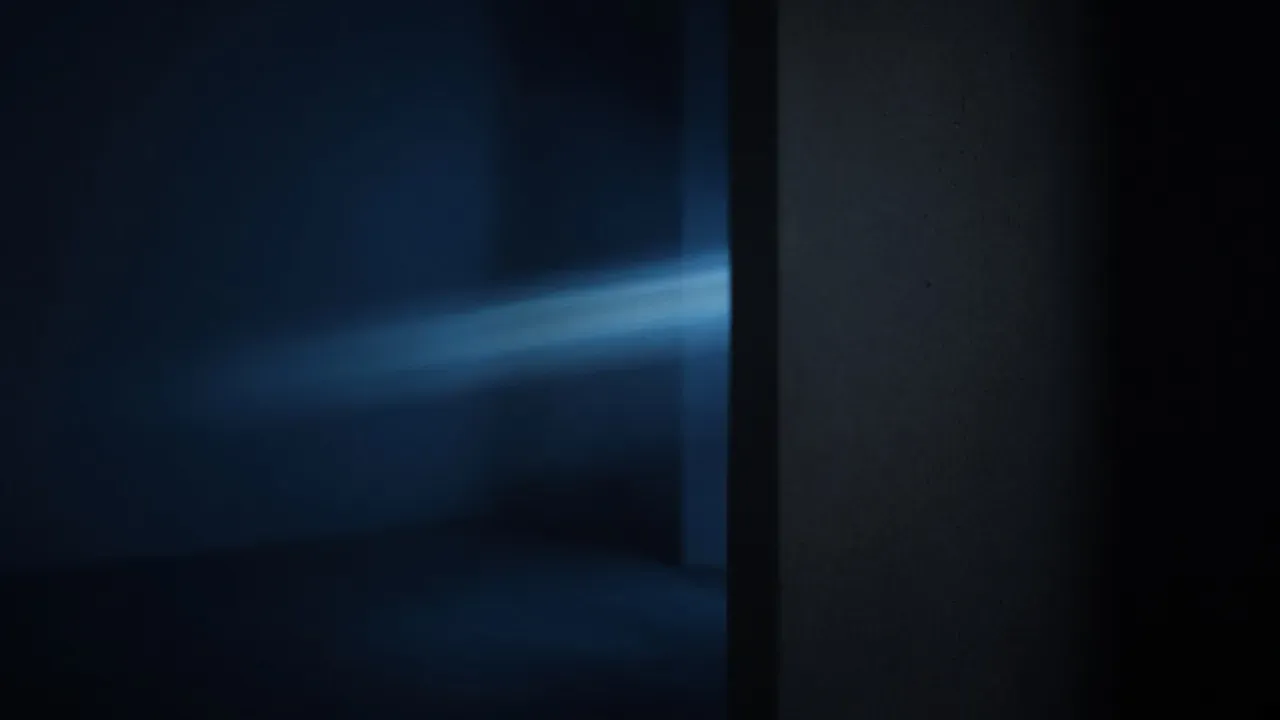 The dark edge of a concrete doorway with a blurred streak of blue light passing just beyond it, no people, no text
