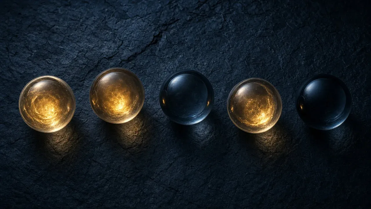 Five glass spheres on dark stone, three glowing warm amber from inside and two sitting dark