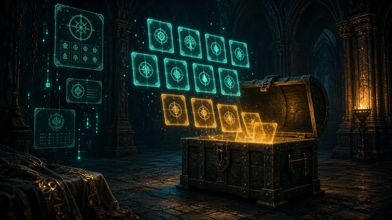 Glowing cards sorting themselves into an open chest in a dark hall, no readable text
